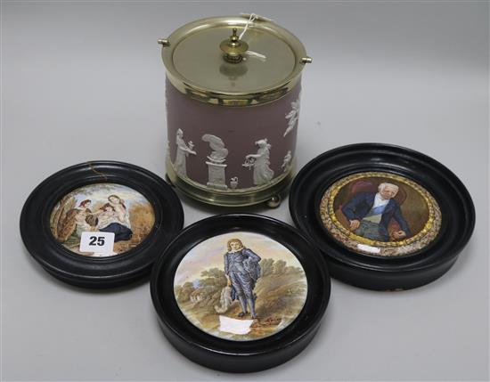 Three framed pot lids and a Jasperware biscuit box